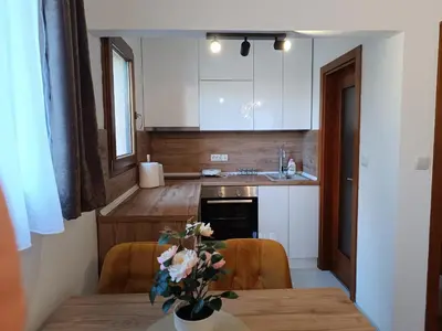 a kitchen with a wooden table with a vase of flowers at Apartman Savić Solaris in Vrnjci