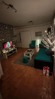 a living room with a green couch and a fireplace at Dream Rental Pirot Apartman in Pirot