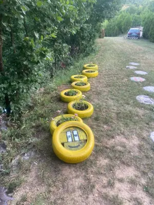 a row of yellow tires lined up in the grass at Ognjište in Prokuplje