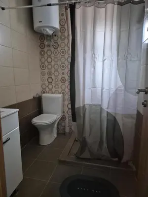 a bathroom with a toilet and a shower curtain at Vila RUŽA - House of Roses in Soko Banja