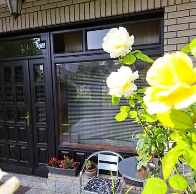 a black door with a window and a table and flowers at Vila Jevtić studio 3 in Soko Banja