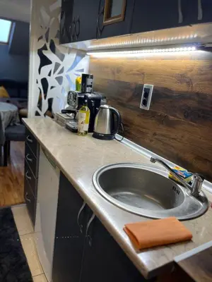 a kitchen counter with a sink in a kitchen at Royal suite Nis in Niš