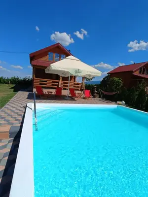 a swimming pool with an umbrella and a house at Vikendica sa bazenom Čarolija Kruševac in Kruševac