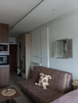 a living room with a brown couch and a kitchen at Milmari resort N12 in Kopaonik