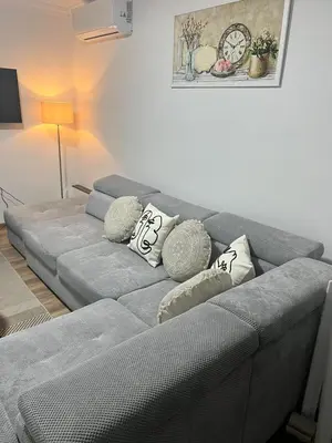 a gray couch in a living room with pillows on it at Apartman Kraljice Natalije in Vrnjačka Banja