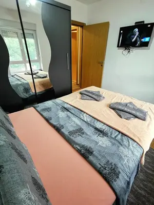 a bedroom with a bed and a mirror at Trajkovic One Bedroom Apartment in Soko Banja