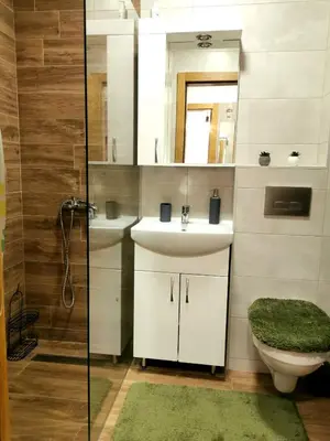 a bathroom with a sink and a toilet and a mirror at Trajkovic One Bedroom Apartment in Soko Banja