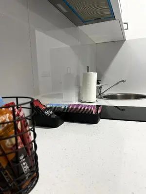 a kitchen counter with a sink and a roll of paper towels at Millie's apartments in Ćuprija