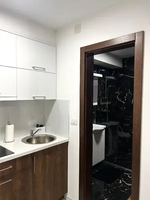 a kitchen with a sink and a glass door at Millie's apartments in Ćuprija