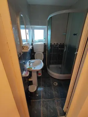 a bathroom with a toilet and a sink and a shower at Latinski apartman in Soko Banja