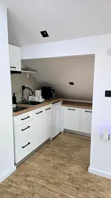 a white kitchen with white cabinets and a wooden floor at Vila Dolina Mira in Zabrega