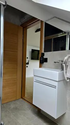 a bathroom with a white sink and a mirror at Vila Dolina Mira in Zabrega