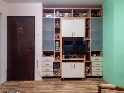 a room with a closet with a television and a door at Apartman Aleksandar in Kruševac