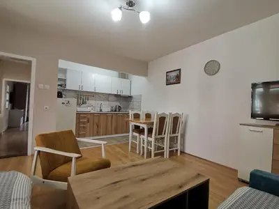 a kitchen and living room with a wooden table and chairs at Apartman Meridian in Zaječar