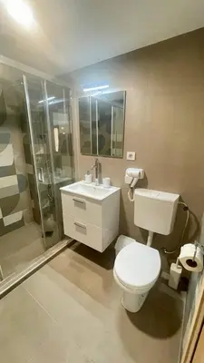 a bathroom with a toilet and a shower and a sink at Amigos Suits in Niš