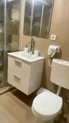 a bathroom with a toilet and a sink and a shower at Amigos Suits in Niš
