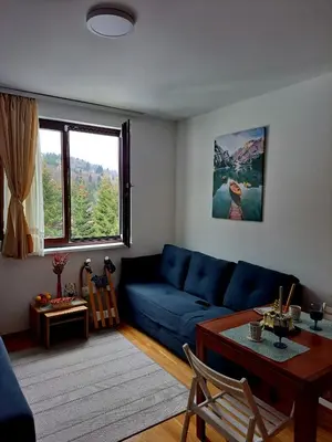a living room with a blue couch and a table at Kopaonik apartman 11 in Kopaonik