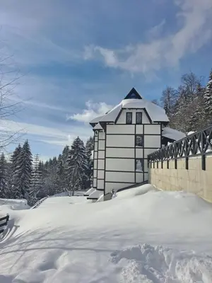 a house covered in snow in front of a fence at Kopaonik apartman 11 in Kopaonik