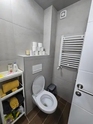 a small bathroom with a toilet and towels at Apartmani Krunet in Kruševac