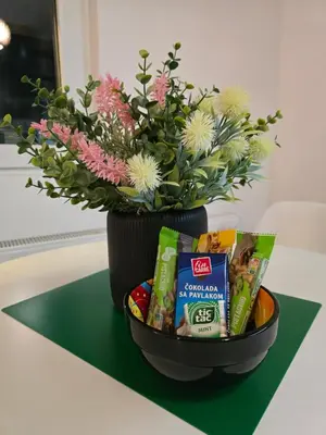 a bowl of chips and a vase with flowers at Apartmani Krunet in Kruševac