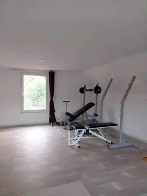 a gym with treadmills and exercise equipment in a room at Vila Tea Borsko Jezero in Bor