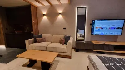 a living room with a couch and a flat screen tv at Woodside Apartments Kopaonik centar in Kopaonik