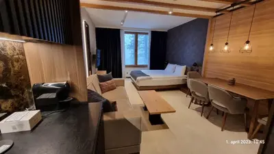 a living room with a couch and a bed and a table at Woodside Apartments Kopaonik centar in Kopaonik