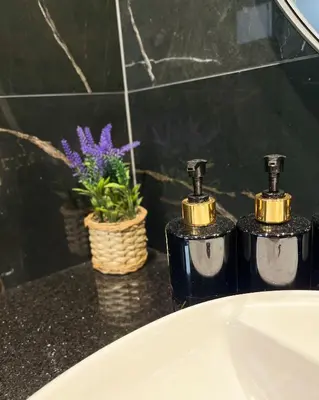 two black and gold soap dispensers on a bathroom sink at Villa Monteverde Goč in Stanišinci