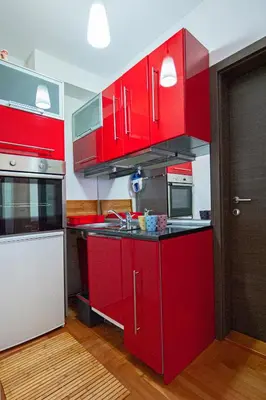 a red kitchen with stainless steel appliances and red cabinets at Apartmancic Stancic in Kopaonik