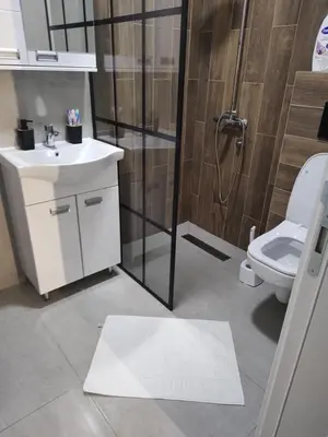 a bathroom with a shower and a sink and a toilet at Apartman Novak Sokobanja in Soko Banja