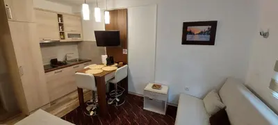a small kitchen with a table in a room at Vila Zvončica, apartman Puzović 22 in Kopaonik