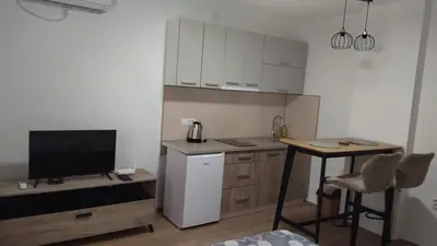 a kitchen with a television and a table with a counter at Alđo in Soko Banja