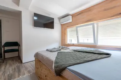 a bedroom with a bed and a tv and windows at Aleks apartmani in Knjazevac.
