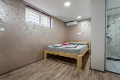 a bedroom with a bed and a walk in shower at Aleks apartmani in Knjazevac.