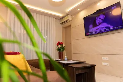 a living room with a tv on a wall at Art Lux apartman in Kruševac