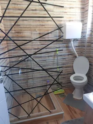 a bathroom with a toilet and a wooden wall at Dukat 1 in Soko Banja