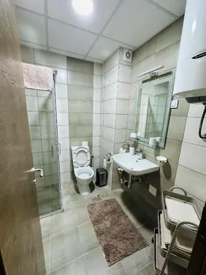 a bathroom with a toilet and a sink and a shower at Aqua apartman 45-2 in Jagodina