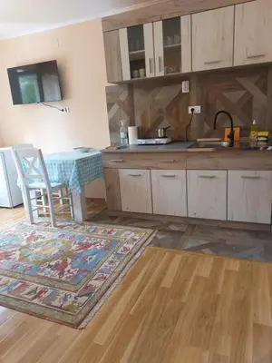a kitchen with a table and a chair and a rug at Dukat 2 in Soko Banja