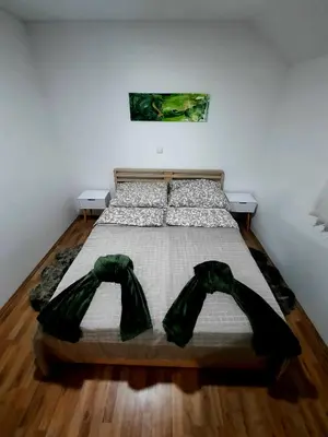 a bedroom with a bed with green comforter at Apartman Taša Vrnjačka Banja in Vrnjci