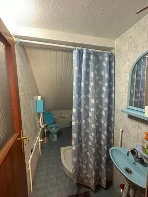 a bathroom with a toilet and a shower curtain at Apartments Božinović in Soko Banja