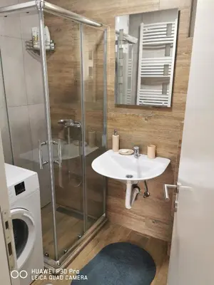 a bathroom with a shower and a sink and a washing machine at Bela Idila - Kopaonik in Kopaonik