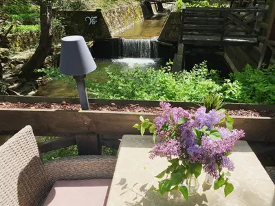 a vase of purple flowers on a table next to a waterfall at Garni hotel Vir in Vrnjačka Banja