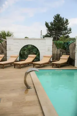 a swimming pool with lounge chairs and a fireplace at Soko IN Spa in Soko Banja