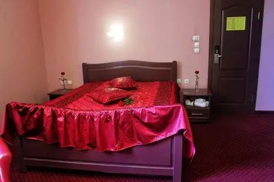 a bedroom with a bed with a red blanket on it at B&B Vila Tamaris in Zaječar
