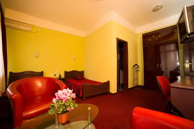 a living room with a red chair and a table with flowers at B&B Vila Tamaris in Zaječar