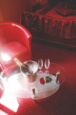 a table with glasses and a bottle of wine and a chair at B&B Vila Tamaris in Zaječar