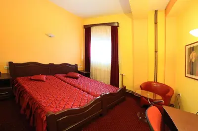 a bedroom with a bed with red sheets and a window at B&B Vila Tamaris in Zaječar