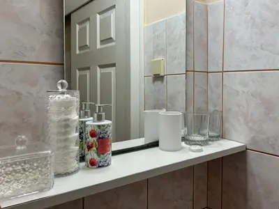 a bathroom with a shelf with bottles and a mirror at Apartman NANA in Ćuprija
