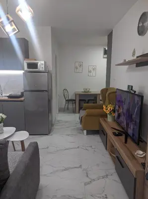a living room with a couch and a tv at SokoSTAR Apartman in Soko Banja