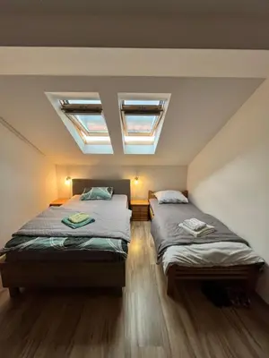two beds in a room with two skylights at Apartman Nestoria Sokobanja in Soko Banja